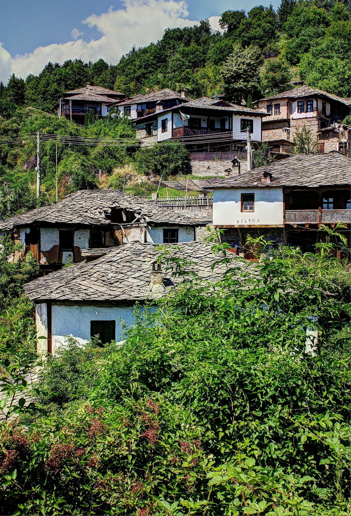 Leshten: slate-roofed stone houses on a green Rhodope hillside